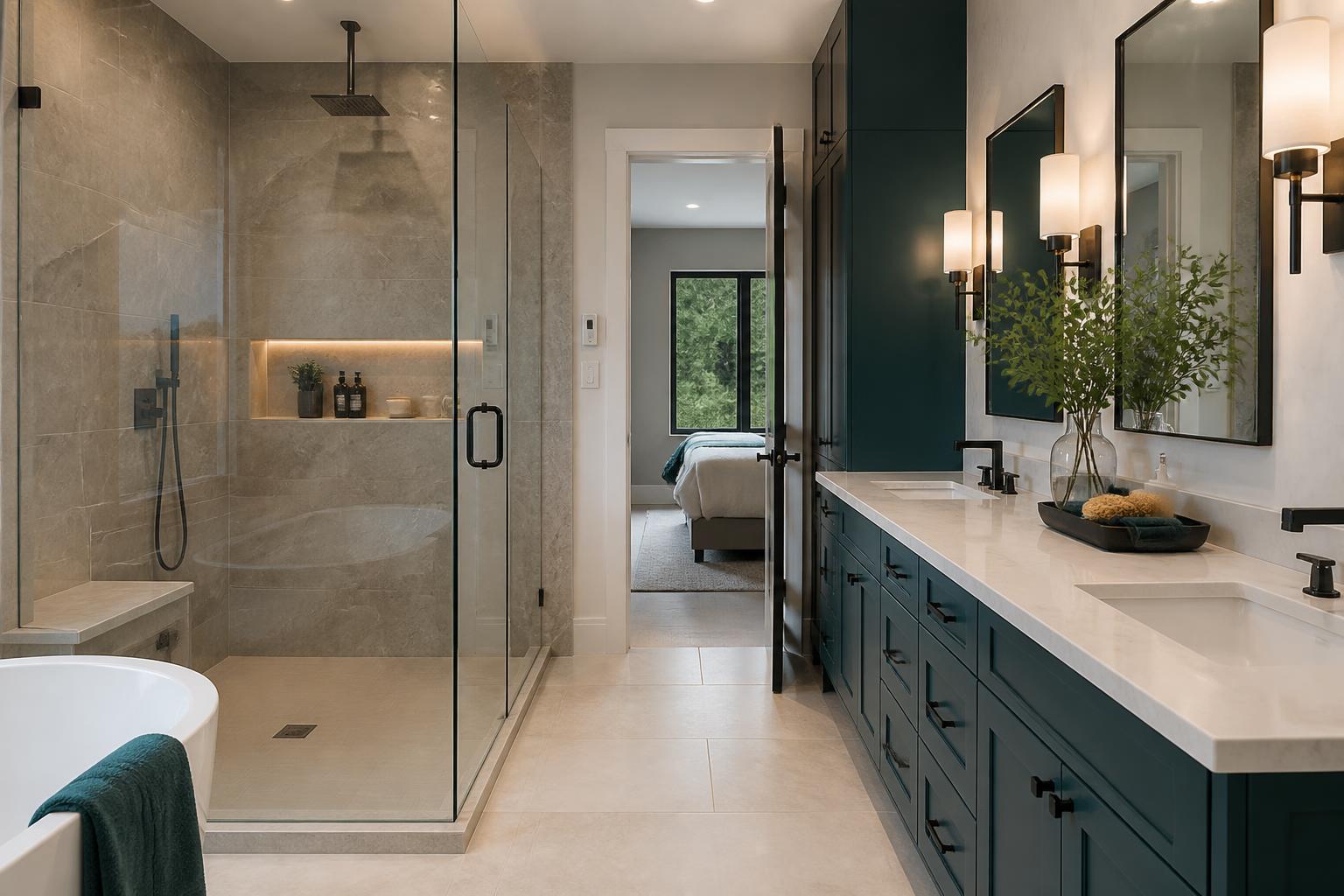 Bathroom remodel with walk-in shower and modern vanity in Pinellas County
