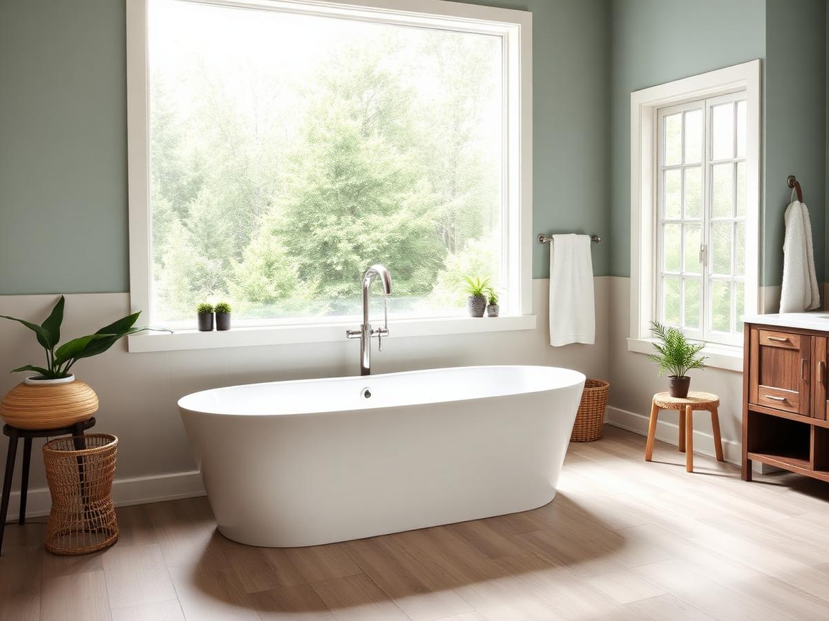 Freestanding soaking tub in a serene remodeled bathroom with wood-look tile