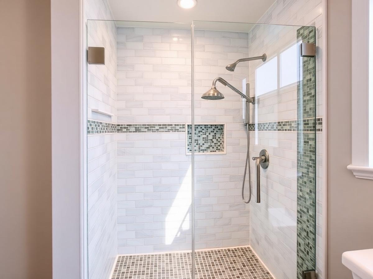 Tiled walk-in shower with frameless glass and mosaic accent band