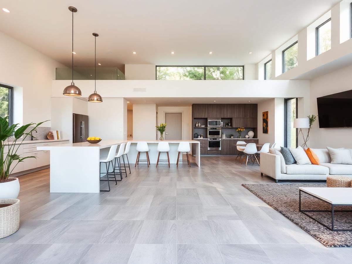 Large-format gray porcelain tile flooring in an open-concept home